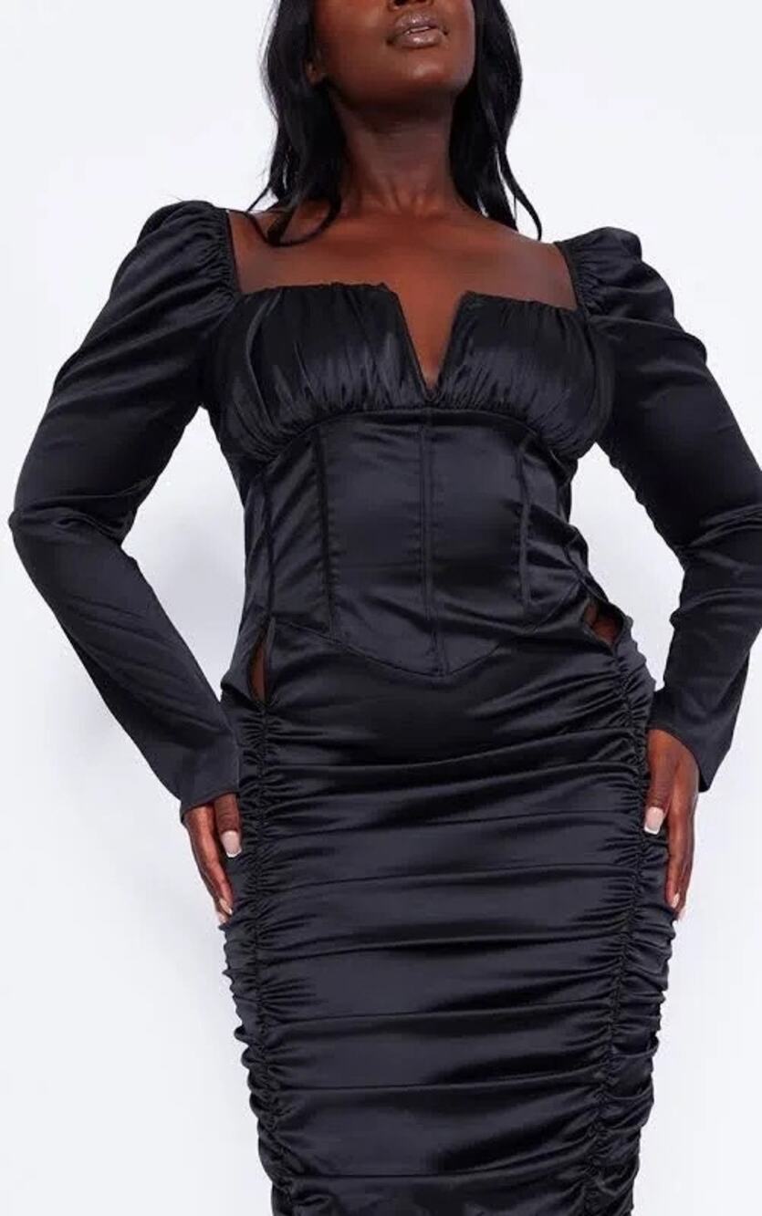 Dark feminine Fairy Grunge PrettyLittleThing Plus satin black Maxi Sz 14 Formal